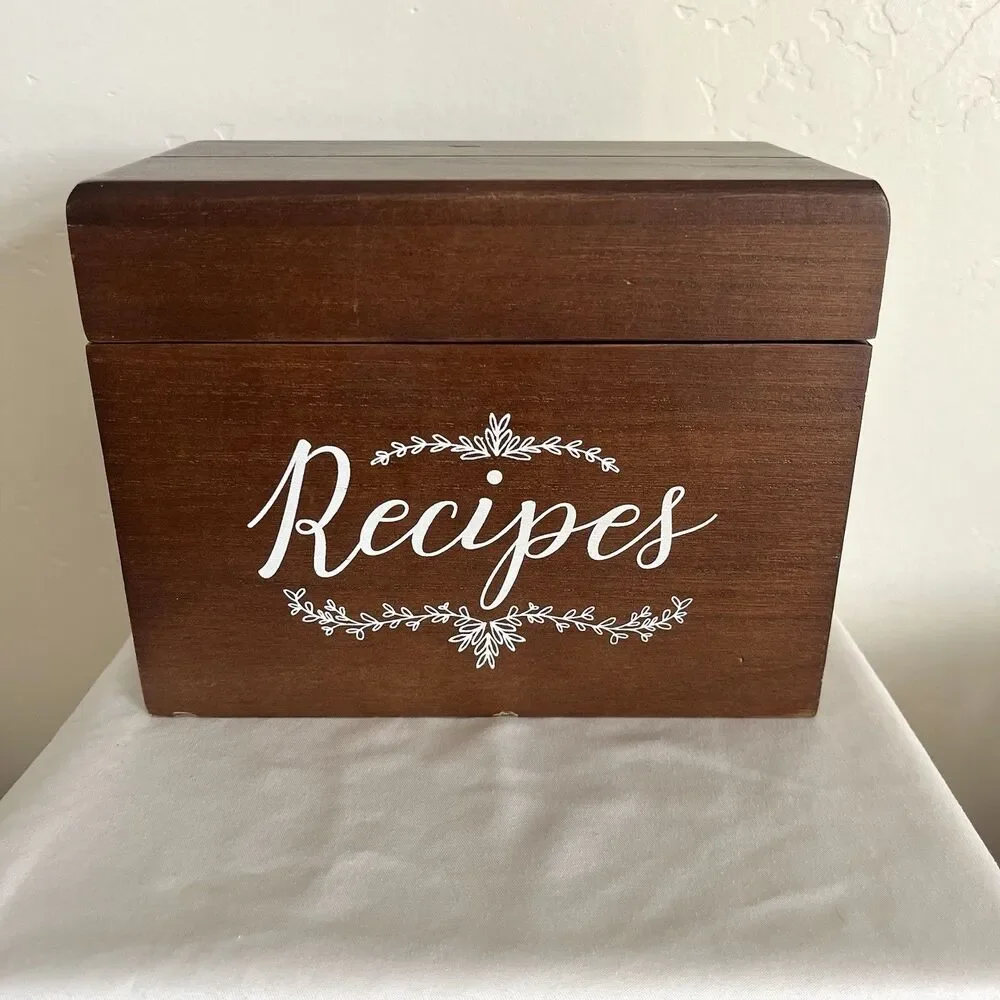 Outshine Wooden Recipe Box Set with Cards / Dividers Farmhouse Kitchen Brown